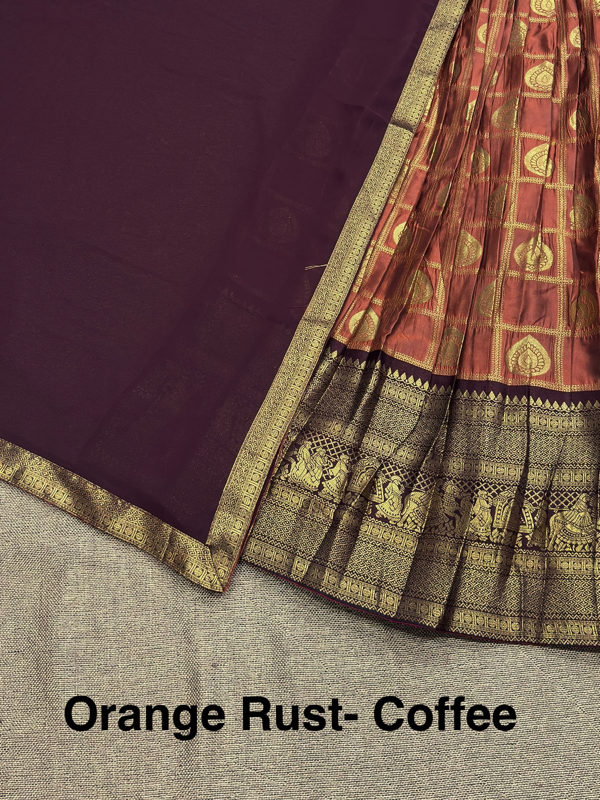 Rust orange and chocolate traditional fully stitched half saree