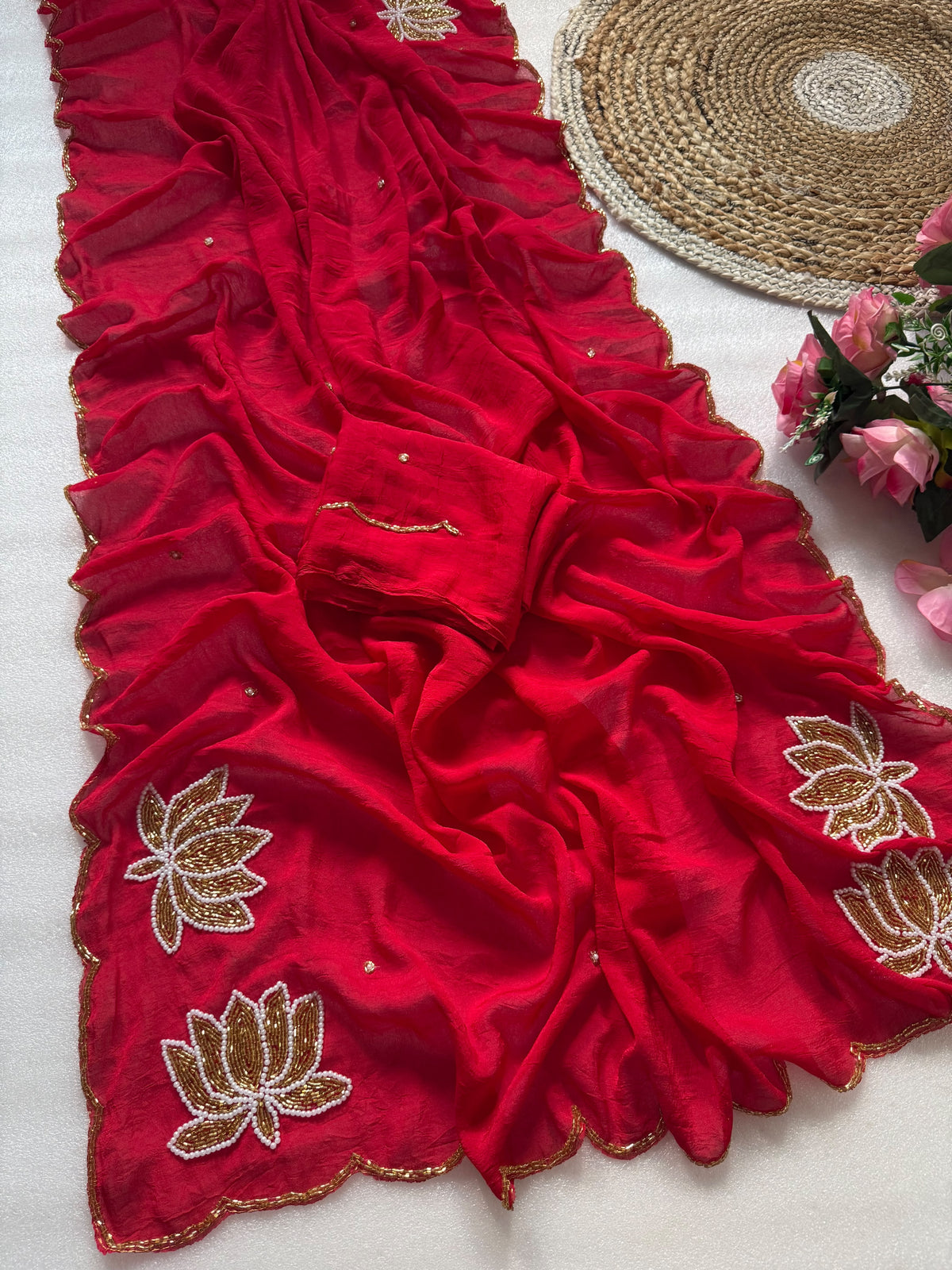 Soft rangoli crush lotus handwork saree