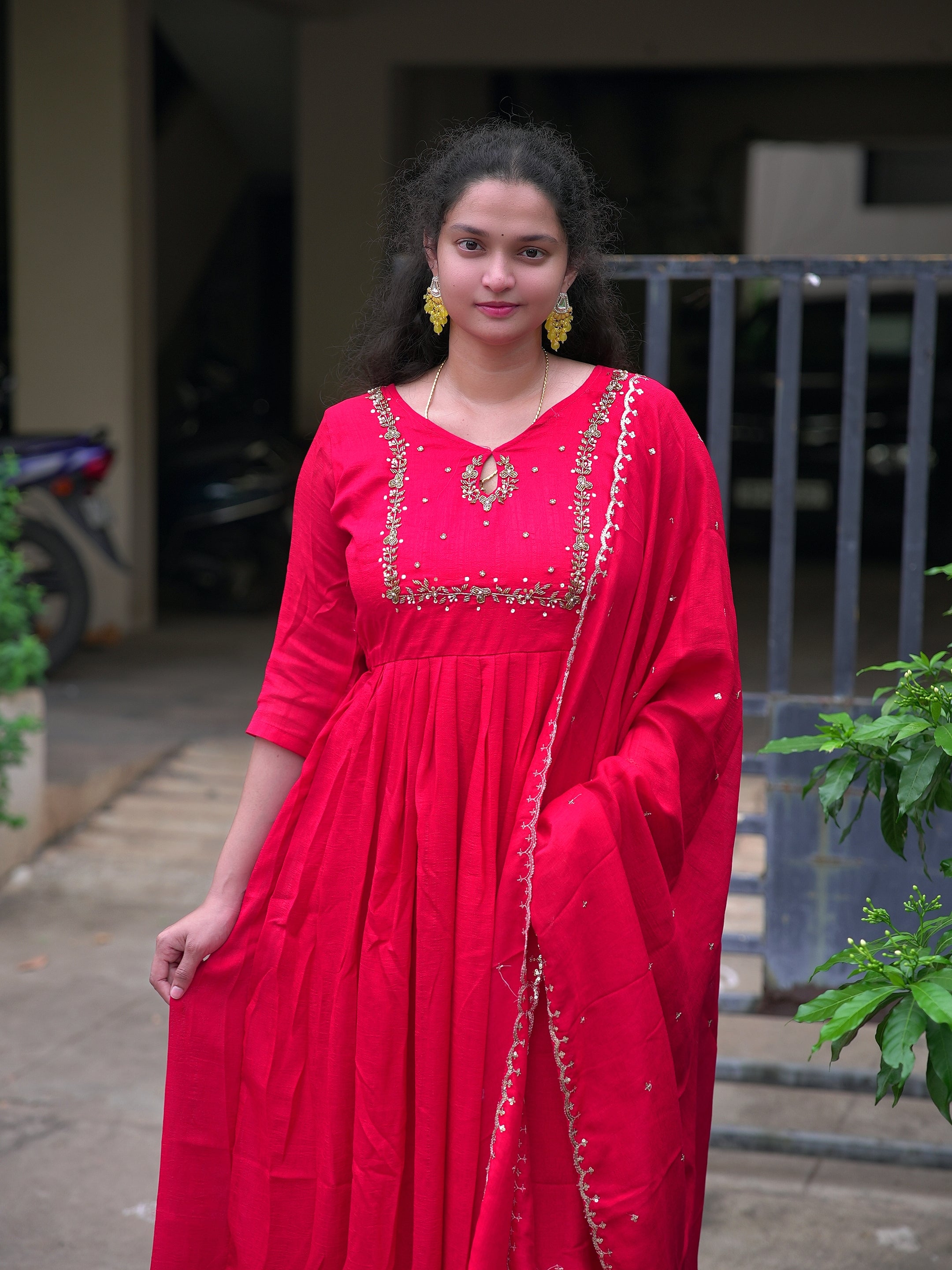 Vichitra silk full stitched anarkali set