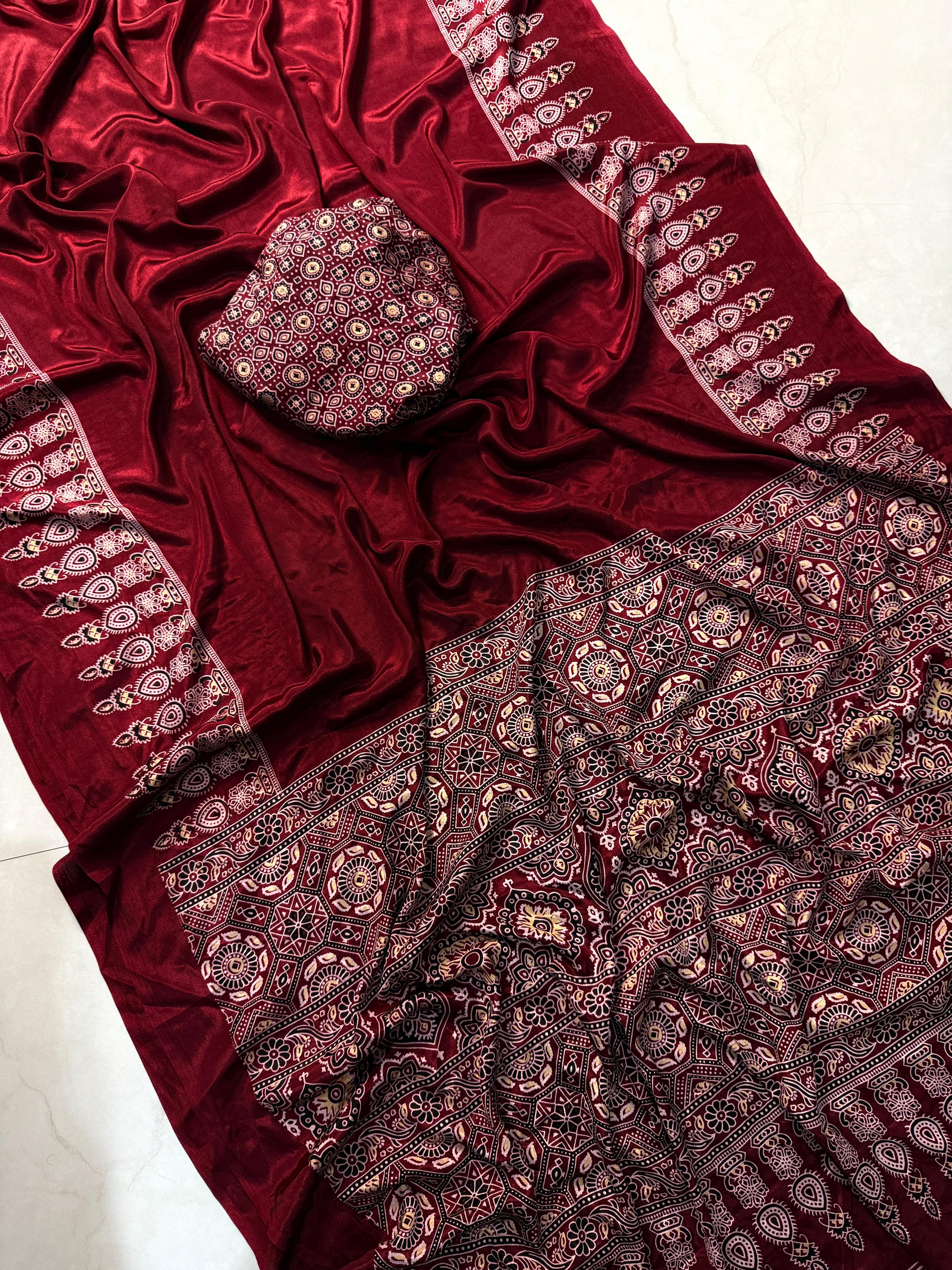 Ajrak Print crepe mix silk saree