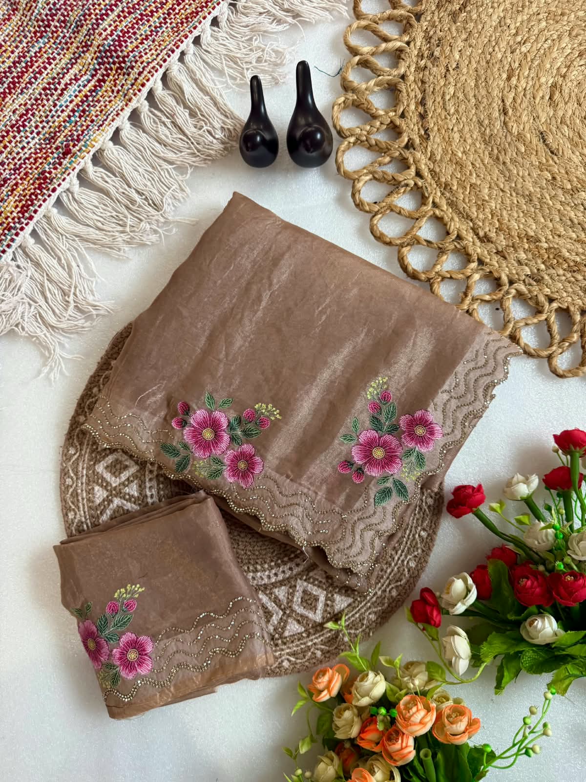 Space silk 3d print diamond stone work saree
