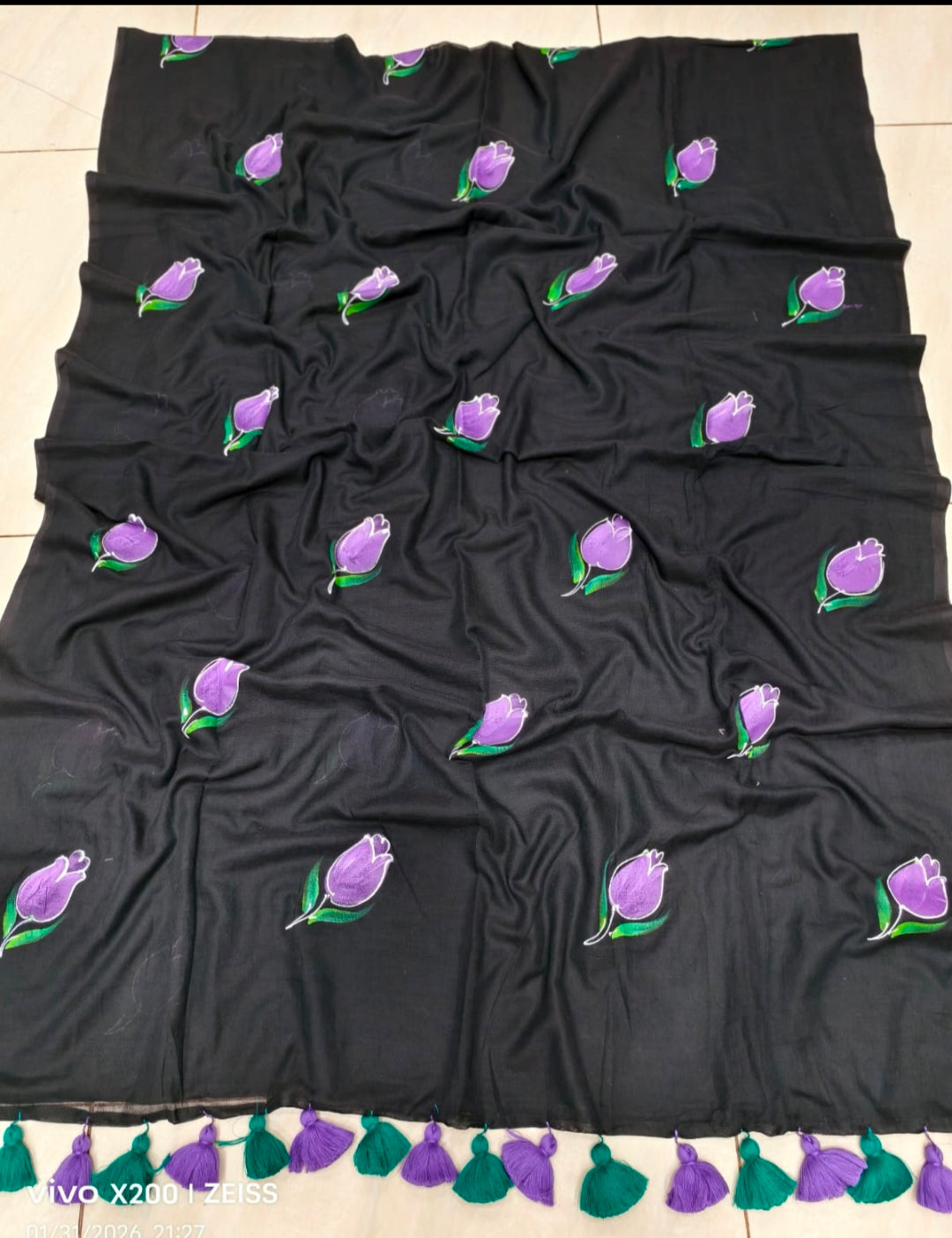 Mul cotton Tulip hand painted saree