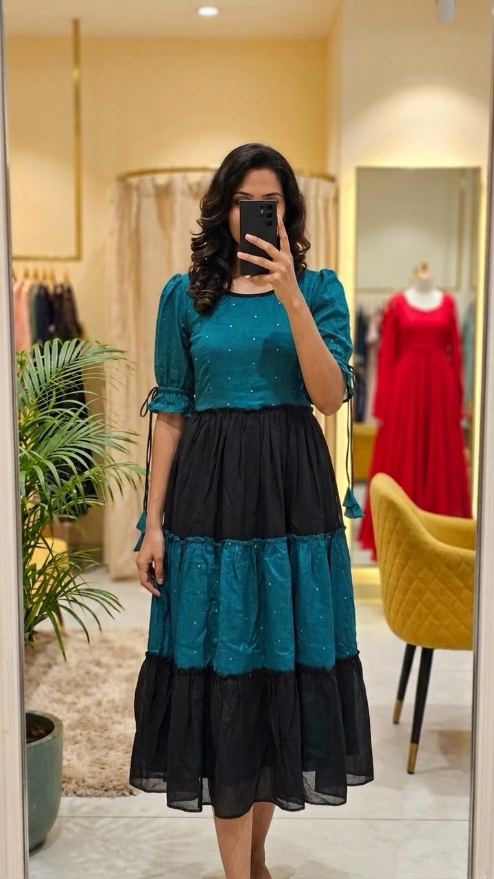 Vichitra silk fabric black and teal stylish maxi frock