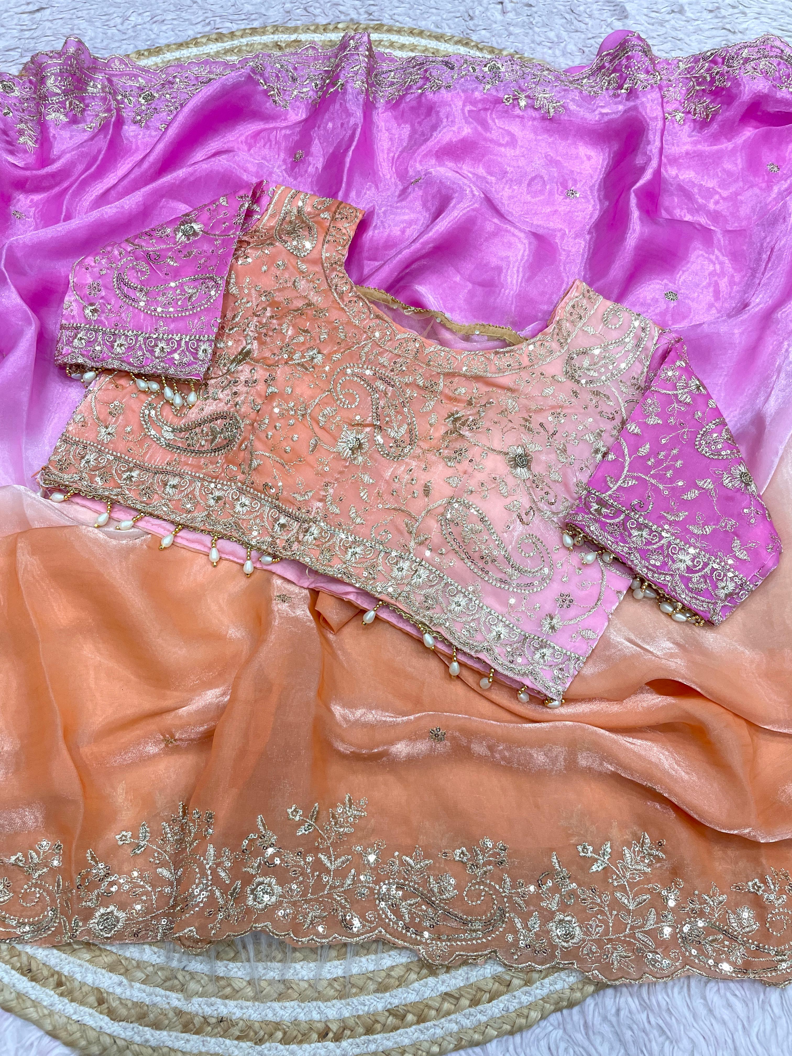 Space Silk Embroidery work saree with stitched blouse