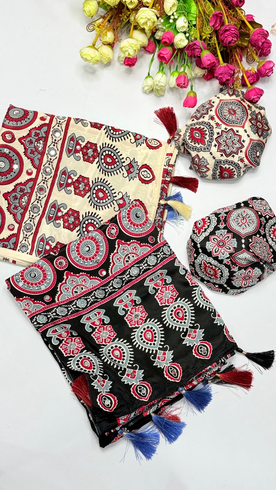 Ajrak mirror trending saree