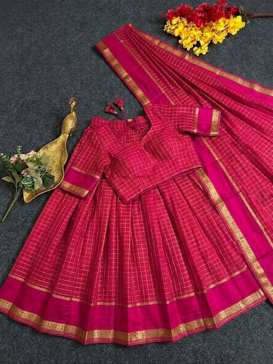 Viscose georgette vintage checks fully stitched half sareee
