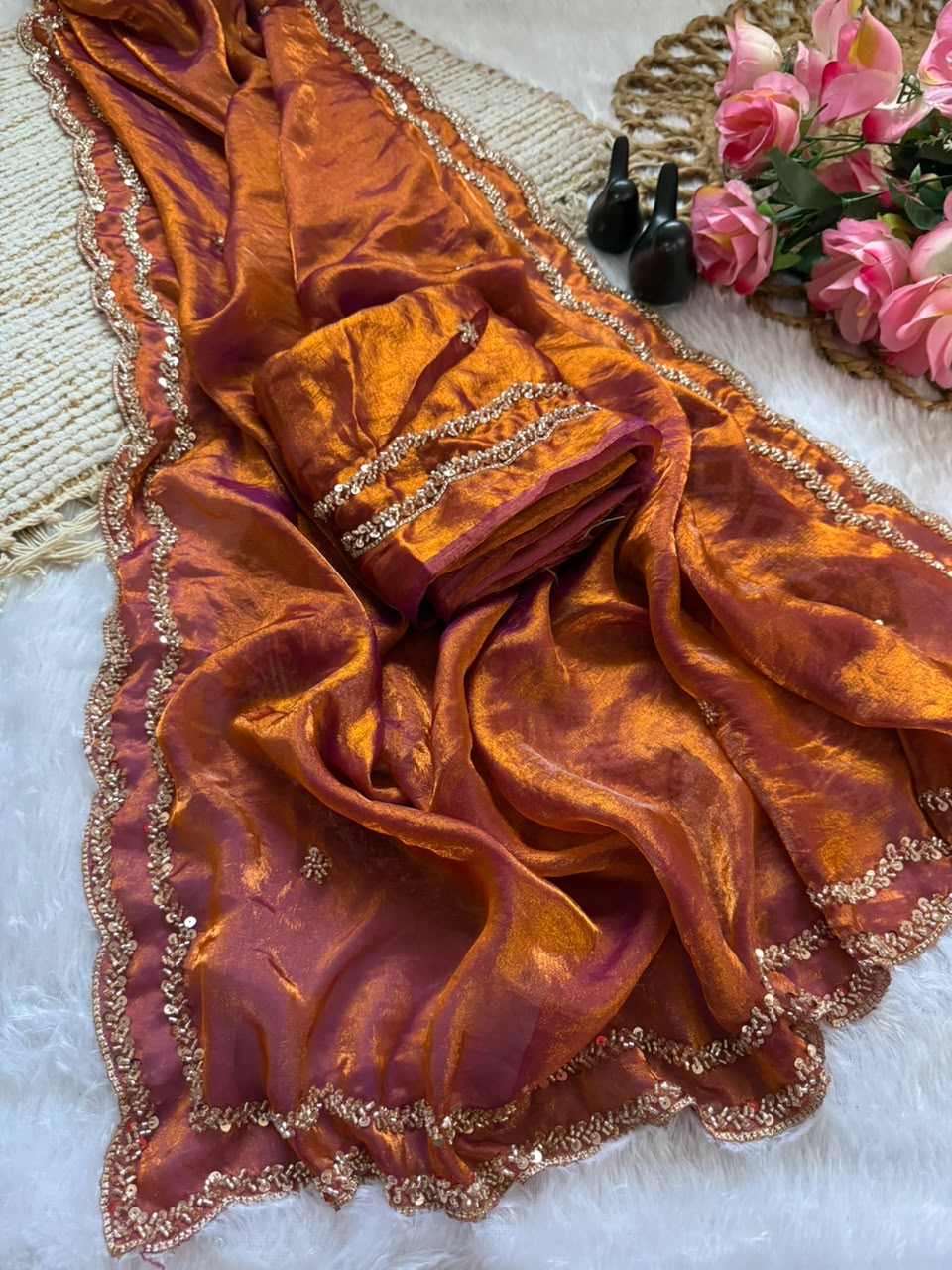 Space silk original handwork gold beads saree