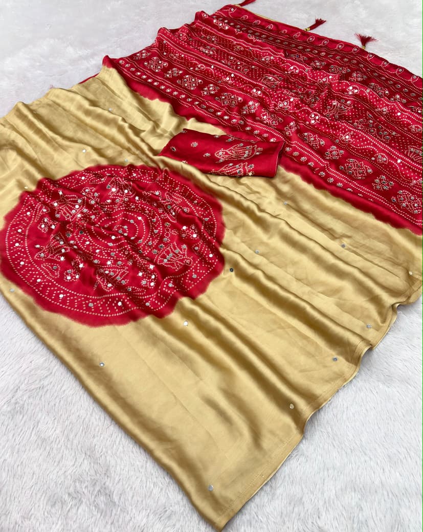 Ajrak bandini print semi modal crepe silk saree