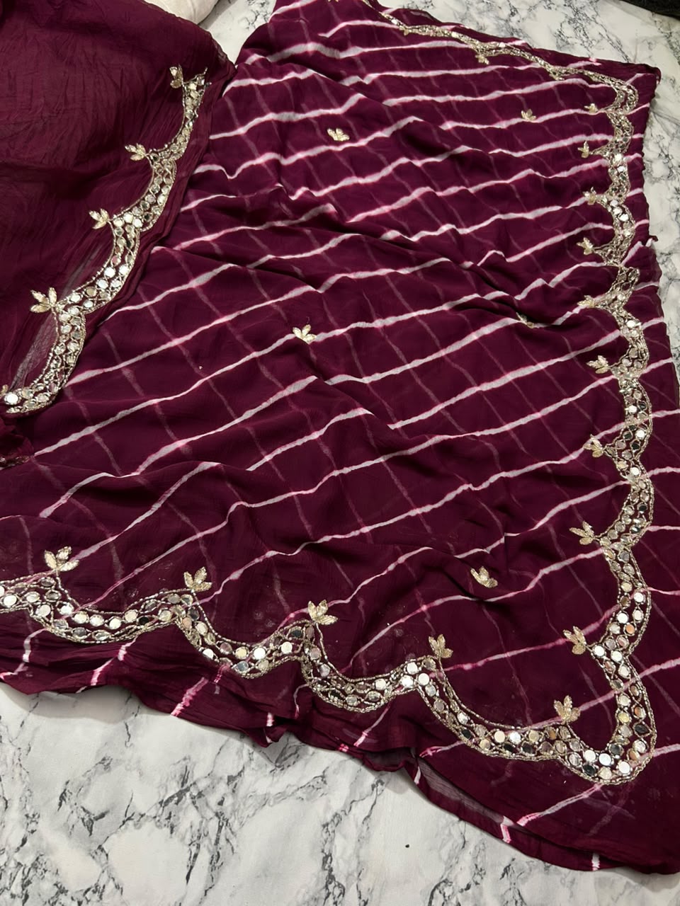 Lehriya chiffon mirror work saree