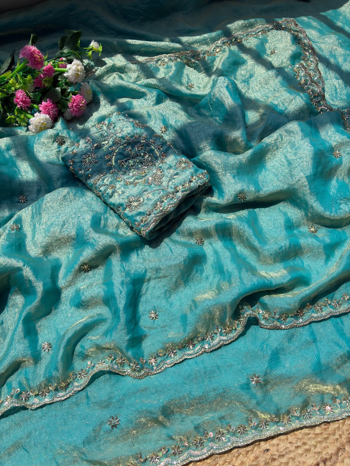 Pure space silk gold glass beads work saree