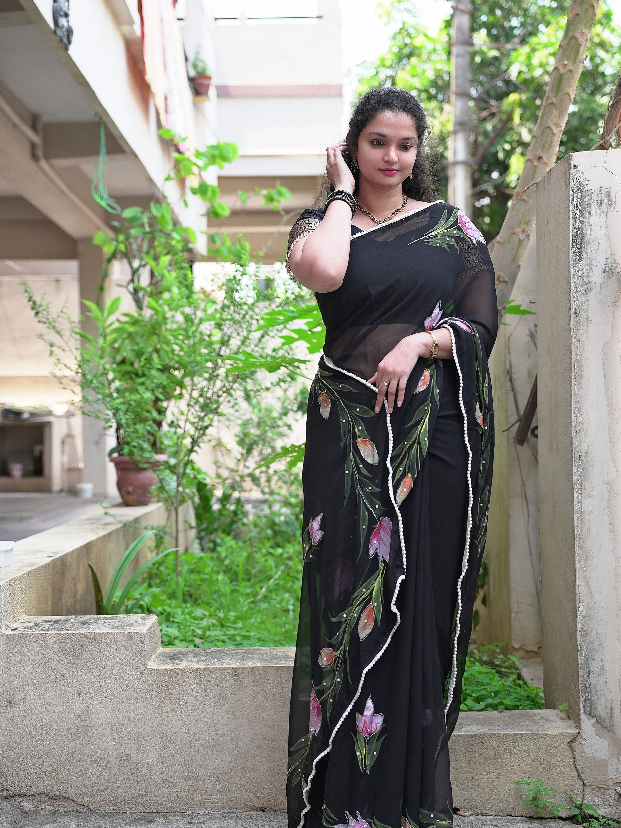 Brush paint soft georgette handwork saree