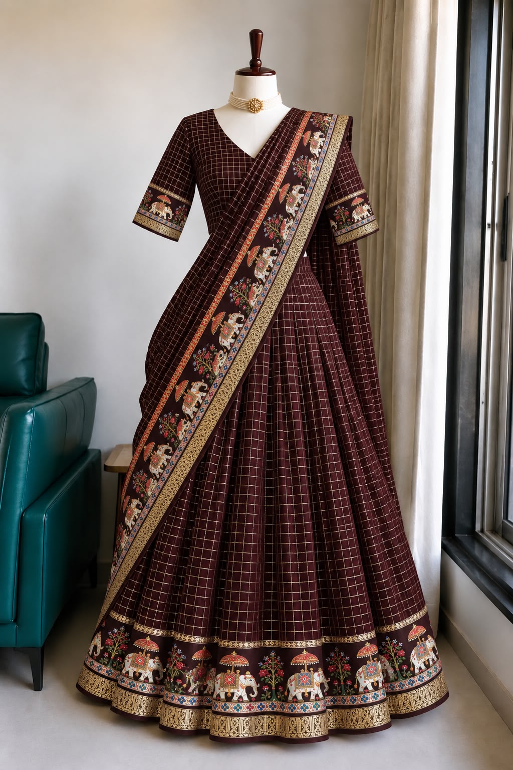 Viscose georgette fully stitched checks lehanga/ half saree
