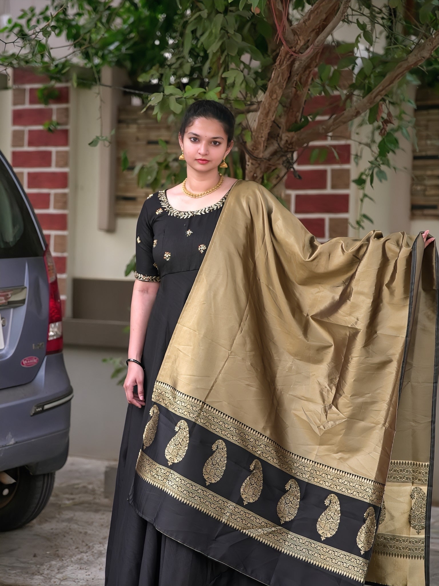 Beautiful maggam work gown and tissue dupatta