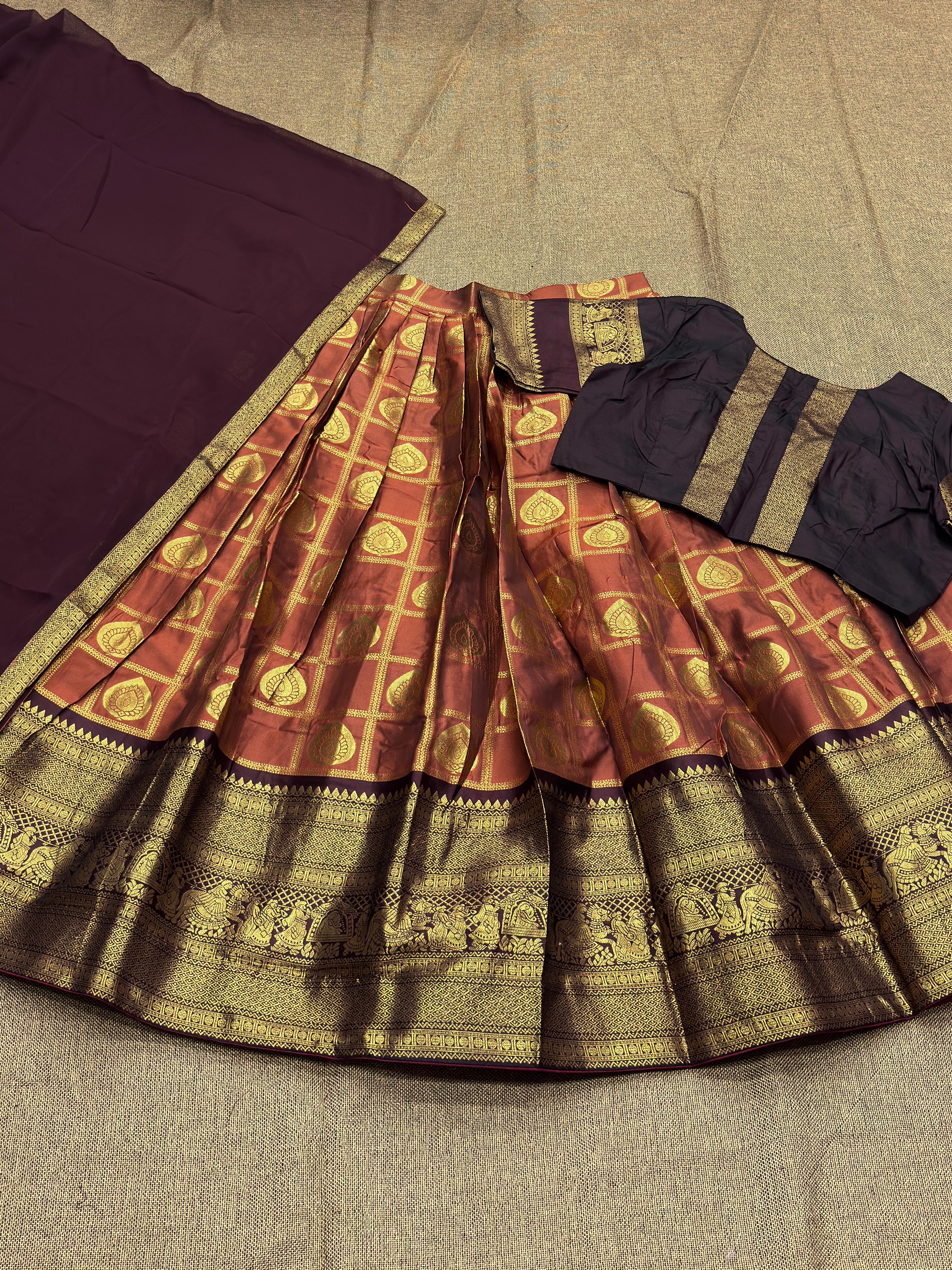 Rust orange and chocolate traditional fully stitched half saree