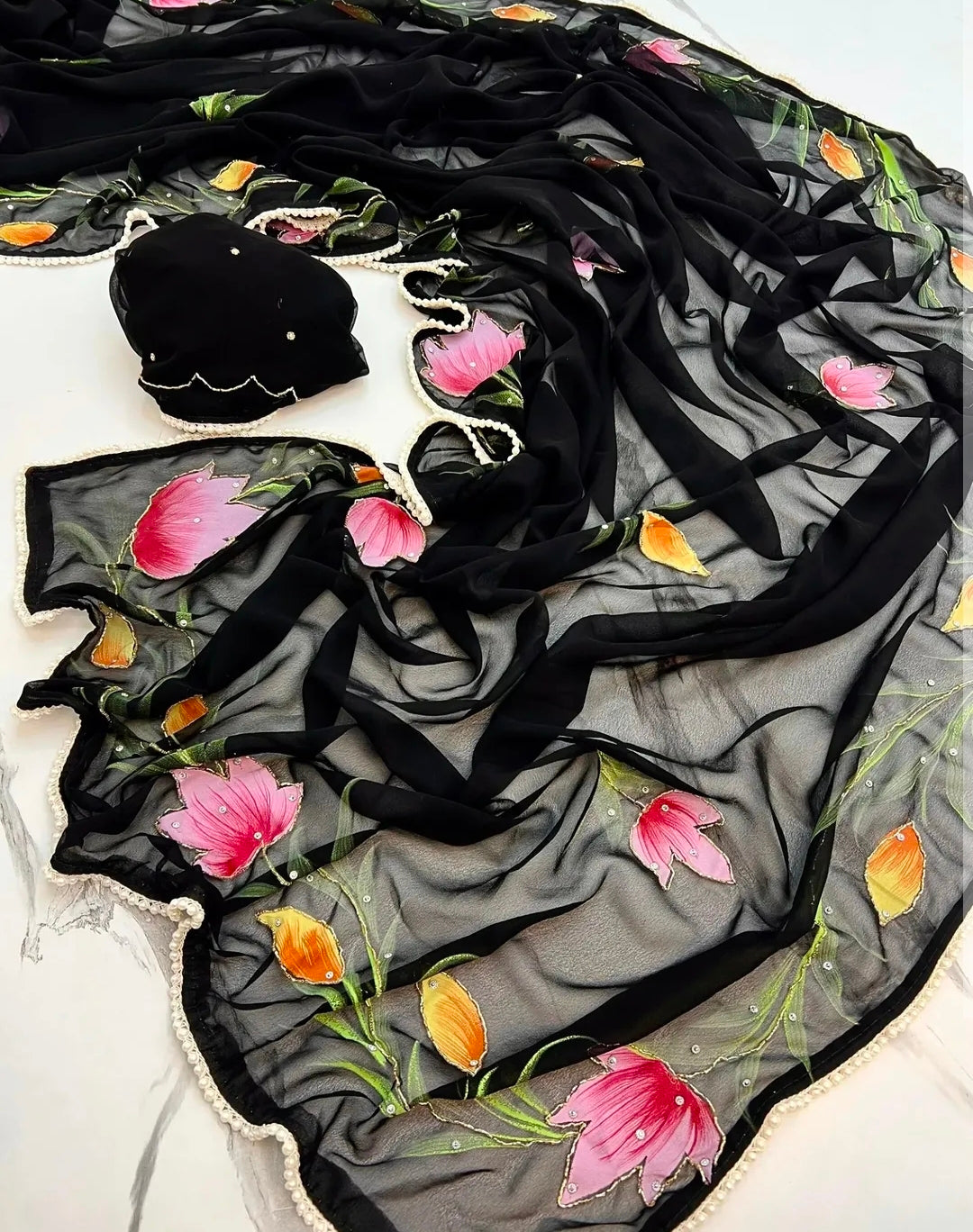 Brush paint soft georgette handwork saree