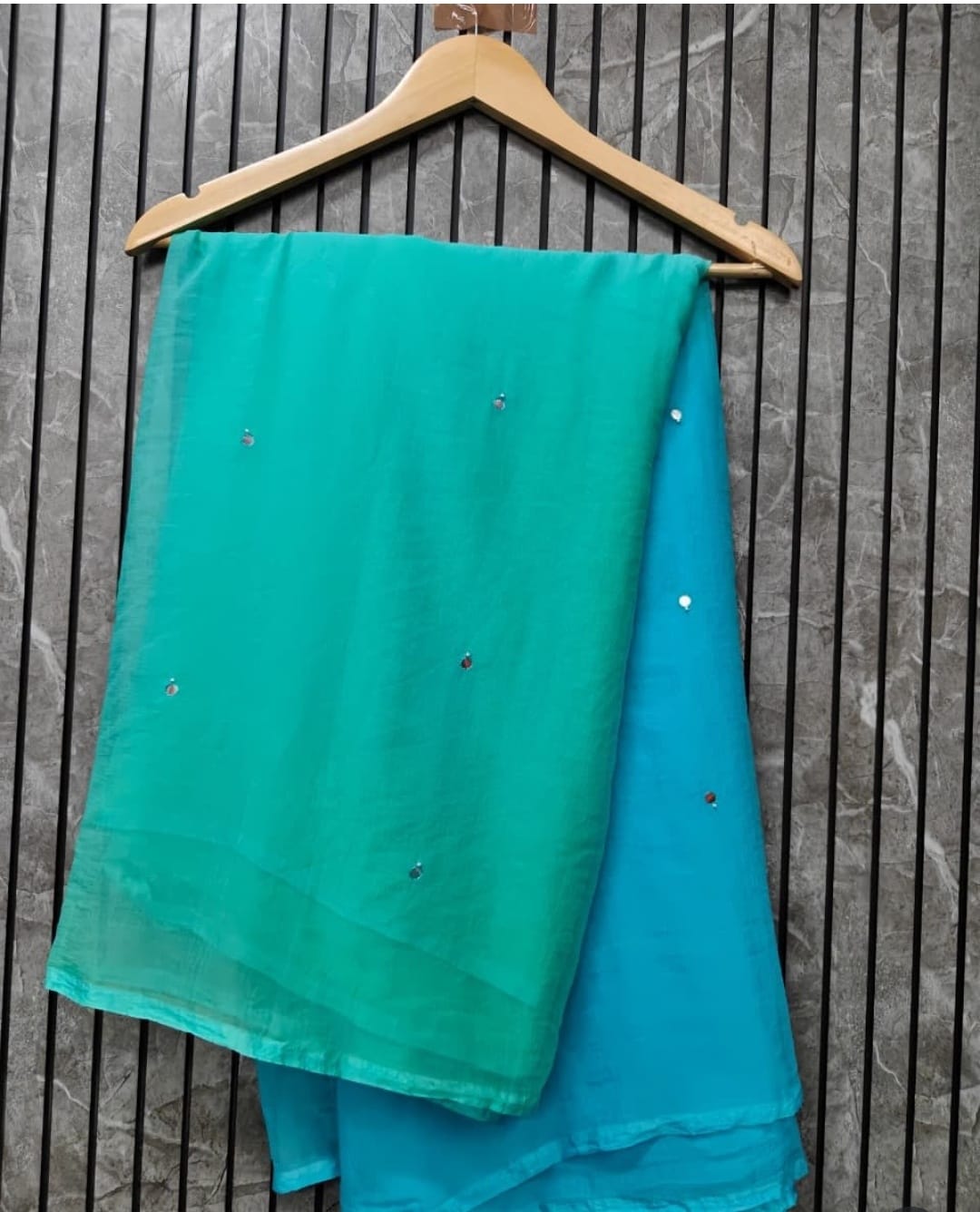 Chiffon mirror patra work dual shade saree