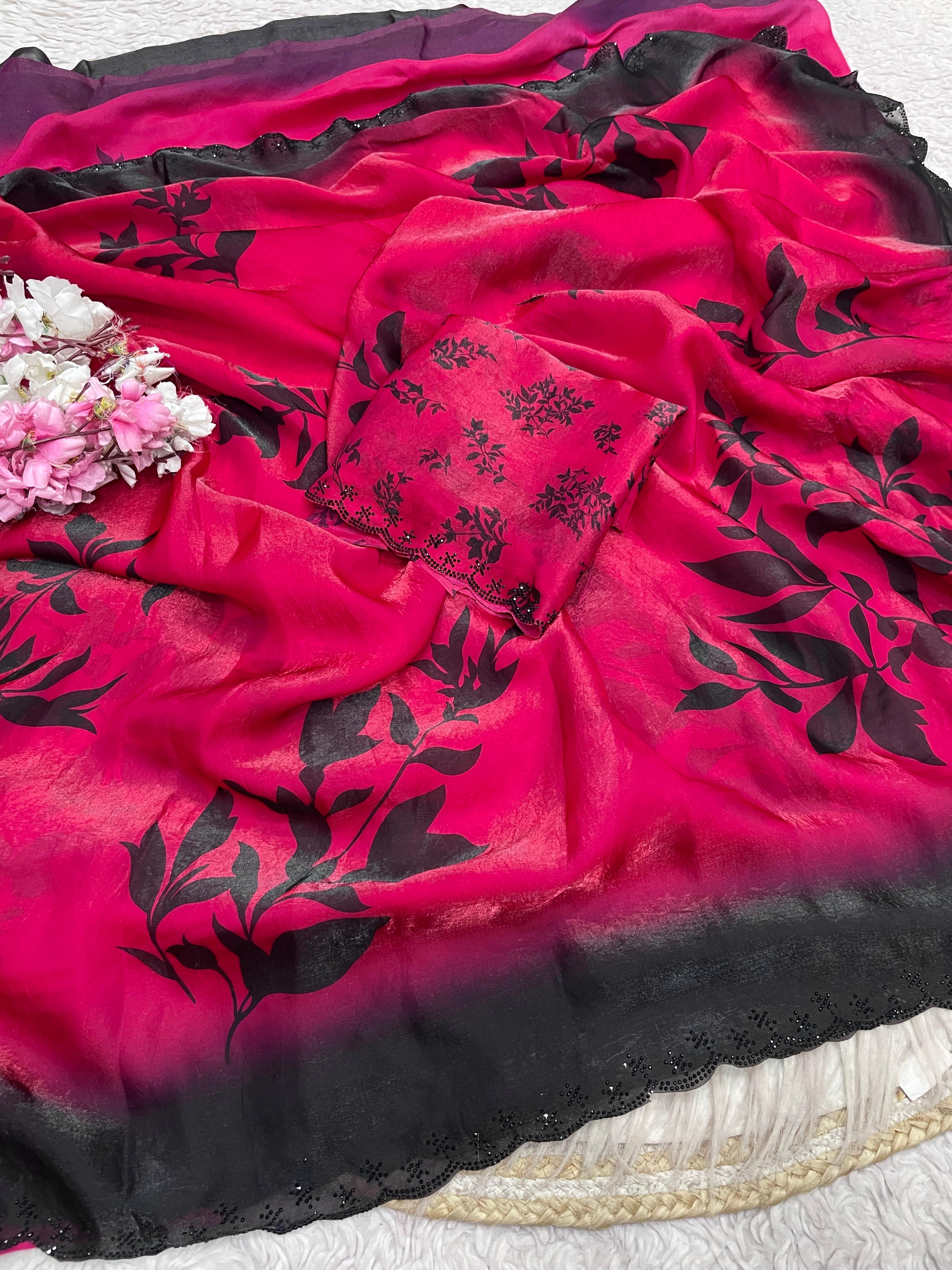 Space silk digital print with jarkhan work partywear saree