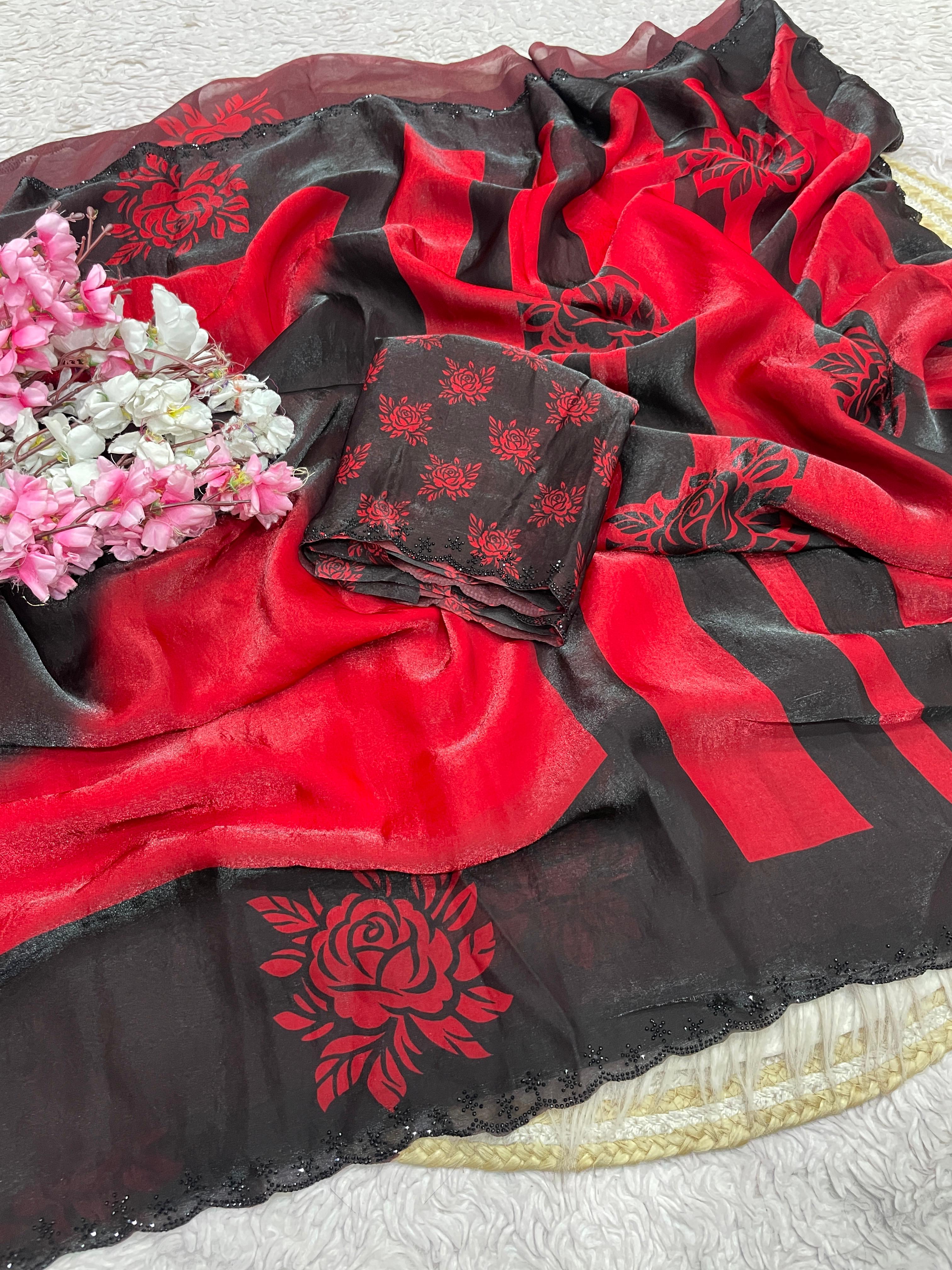 Space silk digital print with jarkhan work partywear saree