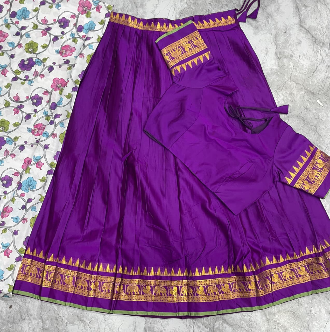 Chettinad pattu fully stitched kalamkari half saree