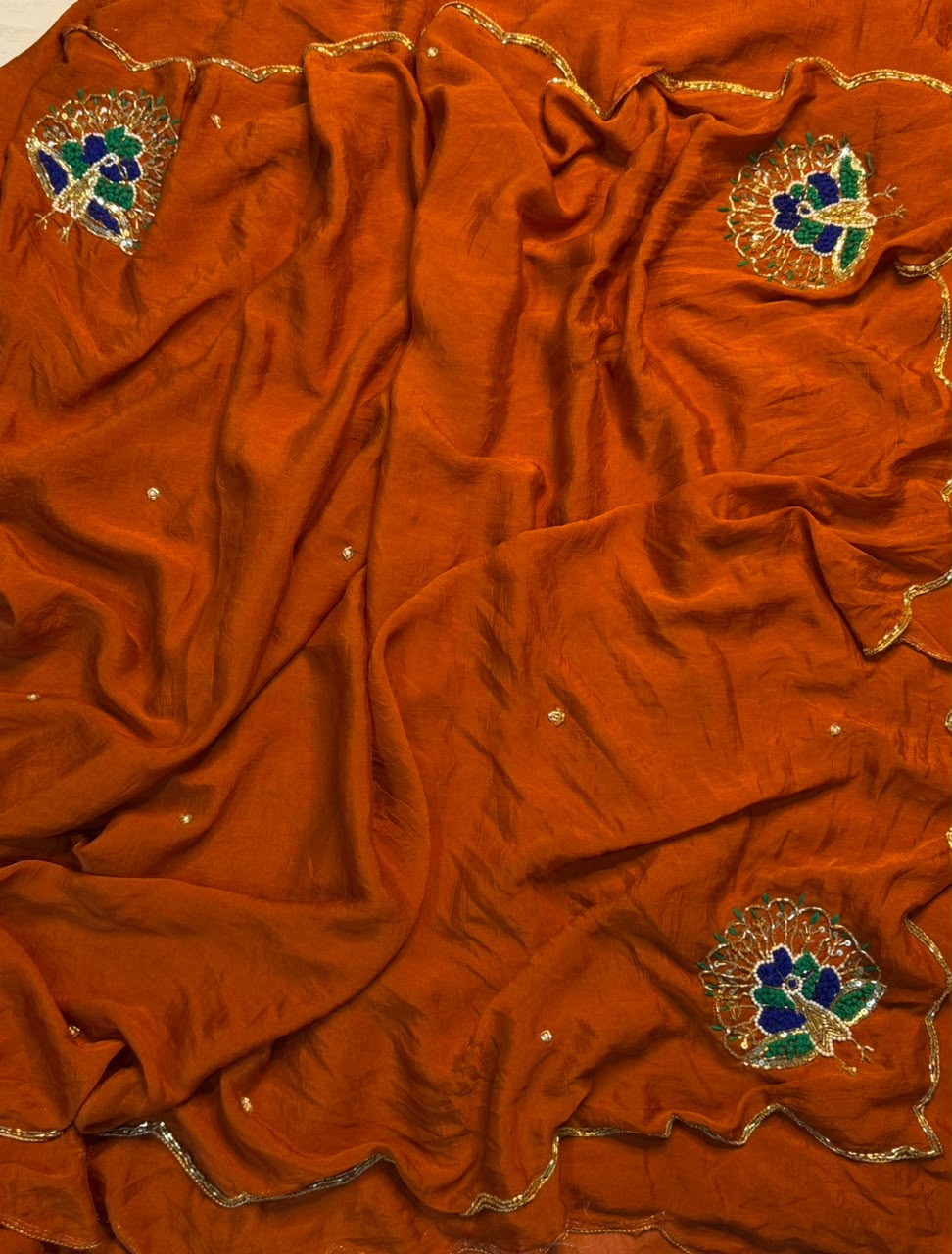 Very soft rangoli crush hand work peacock design saree