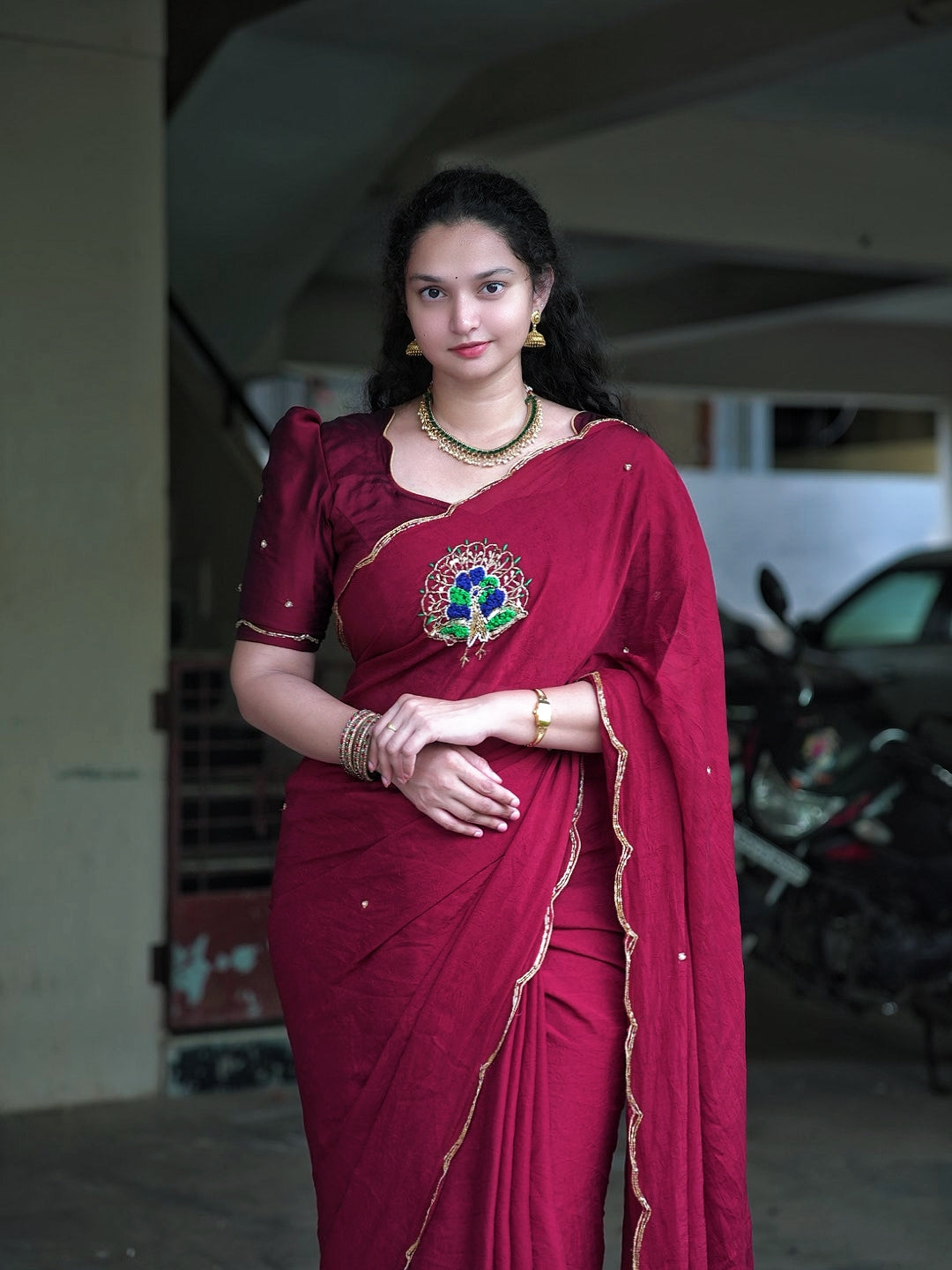 Very soft rangoli crush hand work peacock design saree