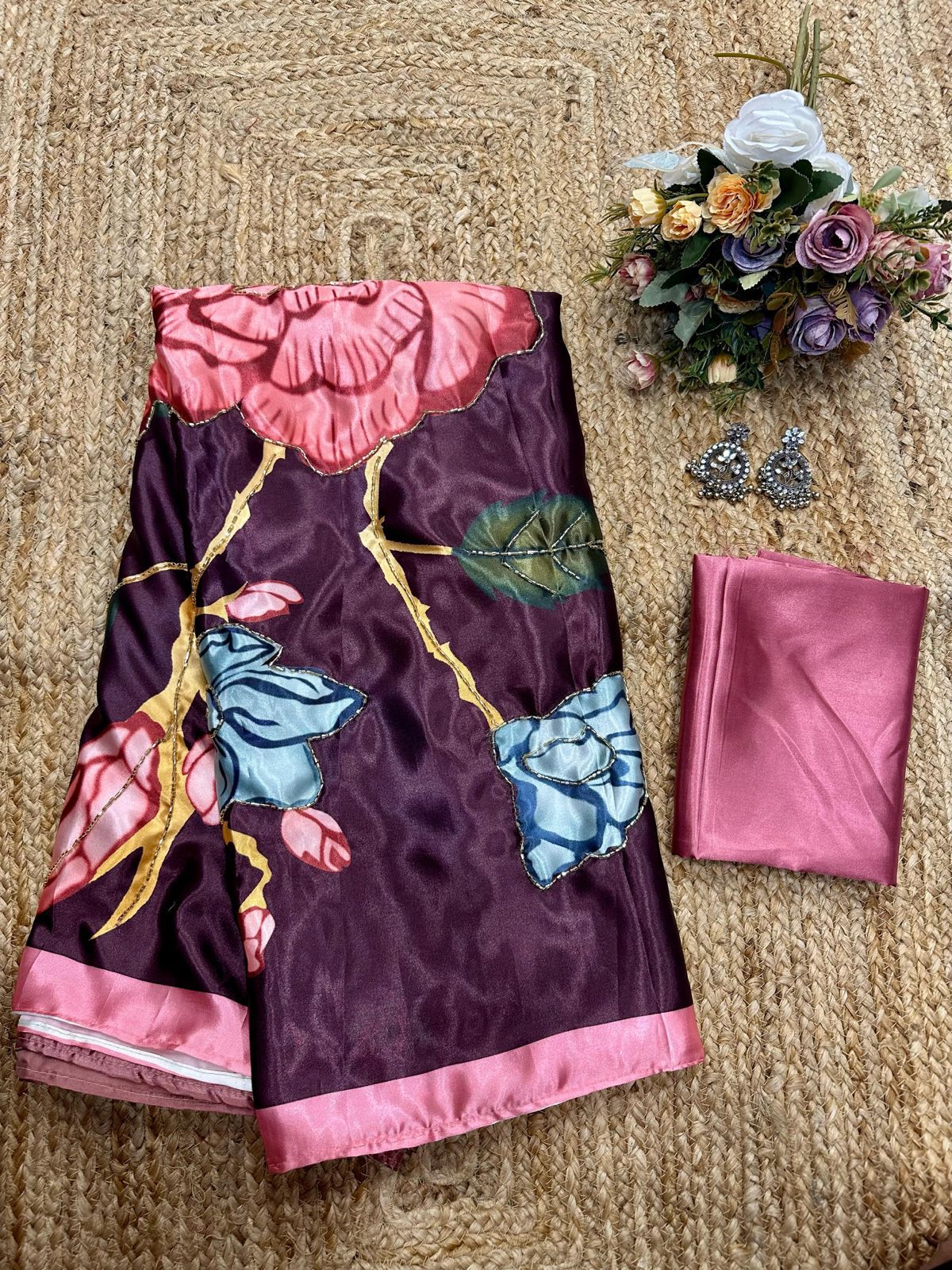 Stylish satin floral printed handwork saree