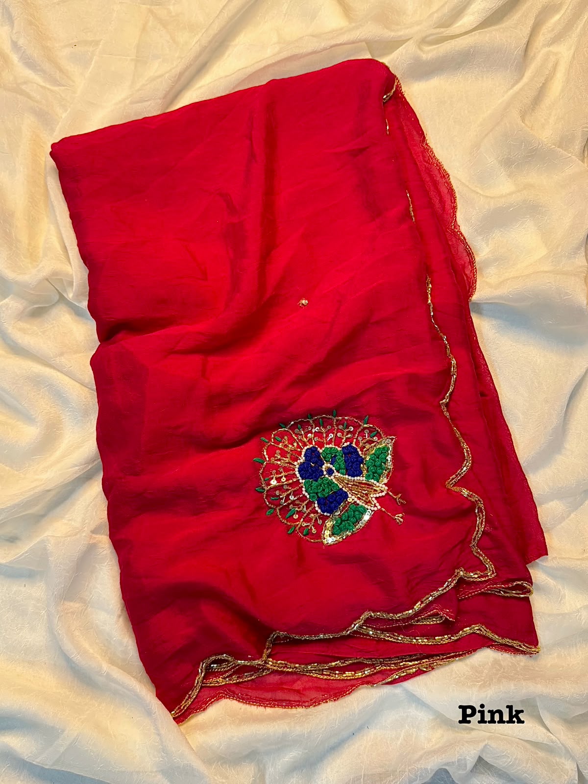 Very soft rangoli crush hand work peacock design saree