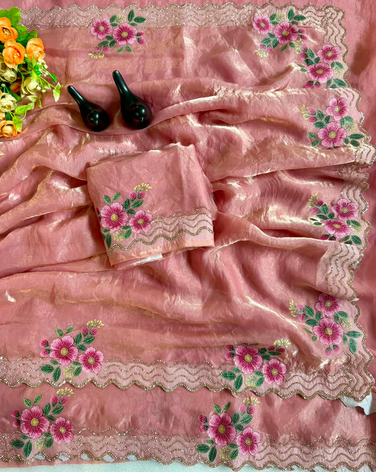 Space silk 3d print diamond stone work saree