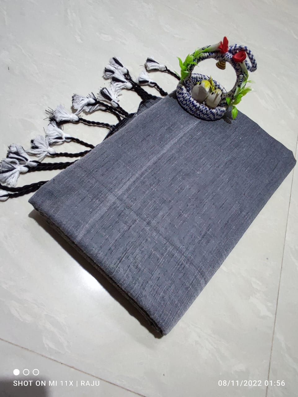 Plain khadi cotton saree with tassels