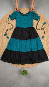 Vichitra silk fabric black and teal stylish maxi frock