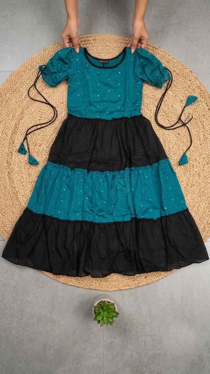 Vichitra silk fabric black and teal stylish maxi frock