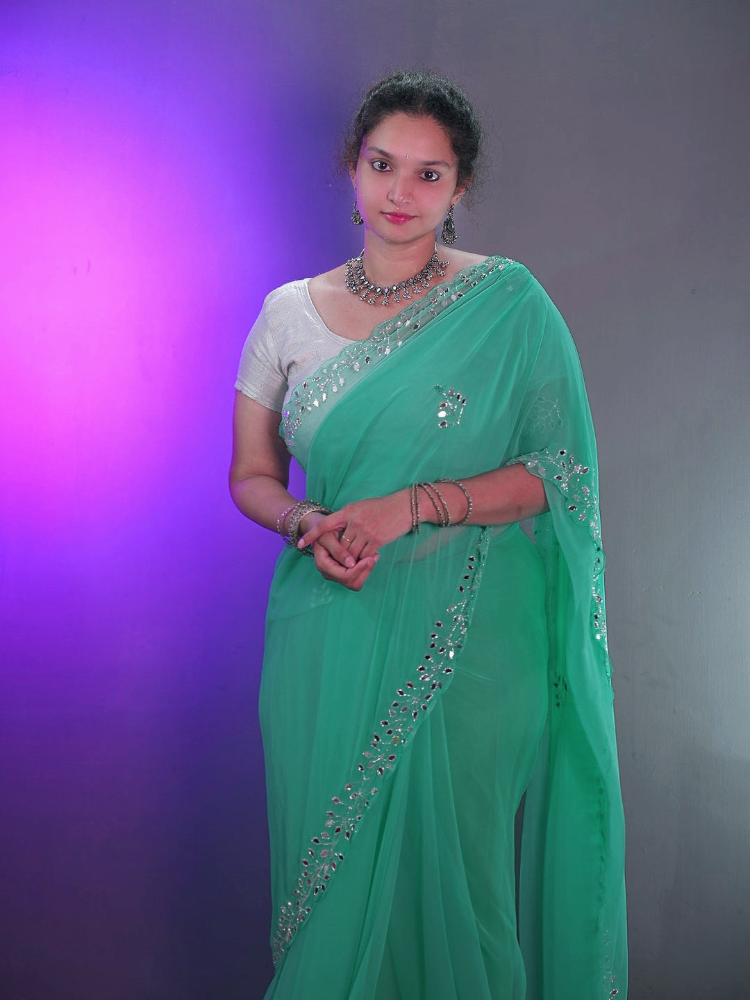 Fancy handwork mirrors and beads work georgette saree