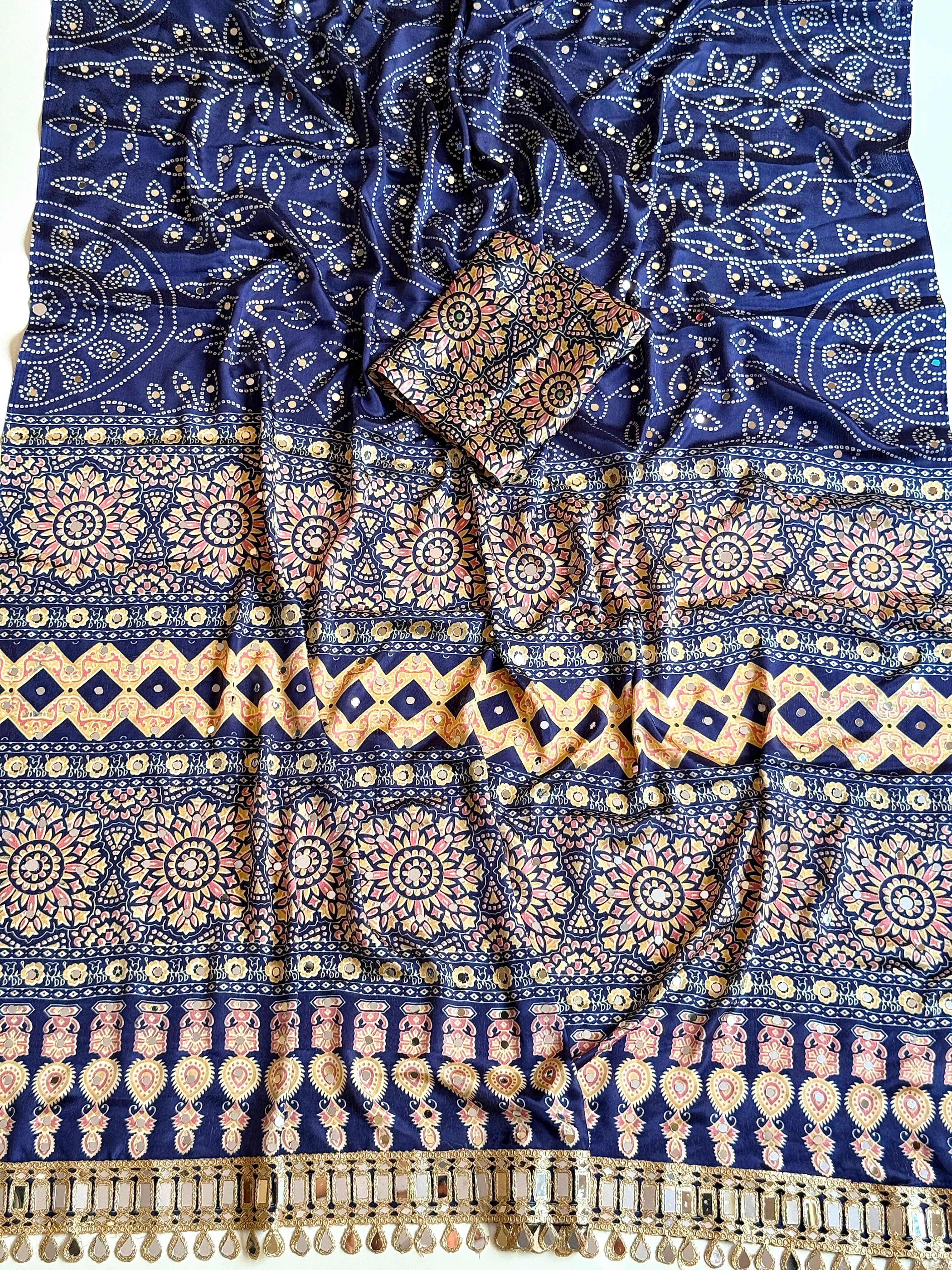 Ajrak design crepe silk mirror saree