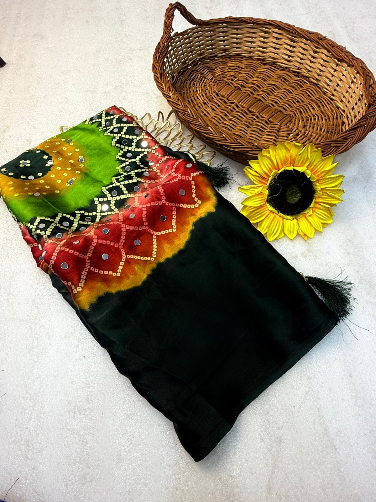 Ganji bandhej silk mirror work soft saree