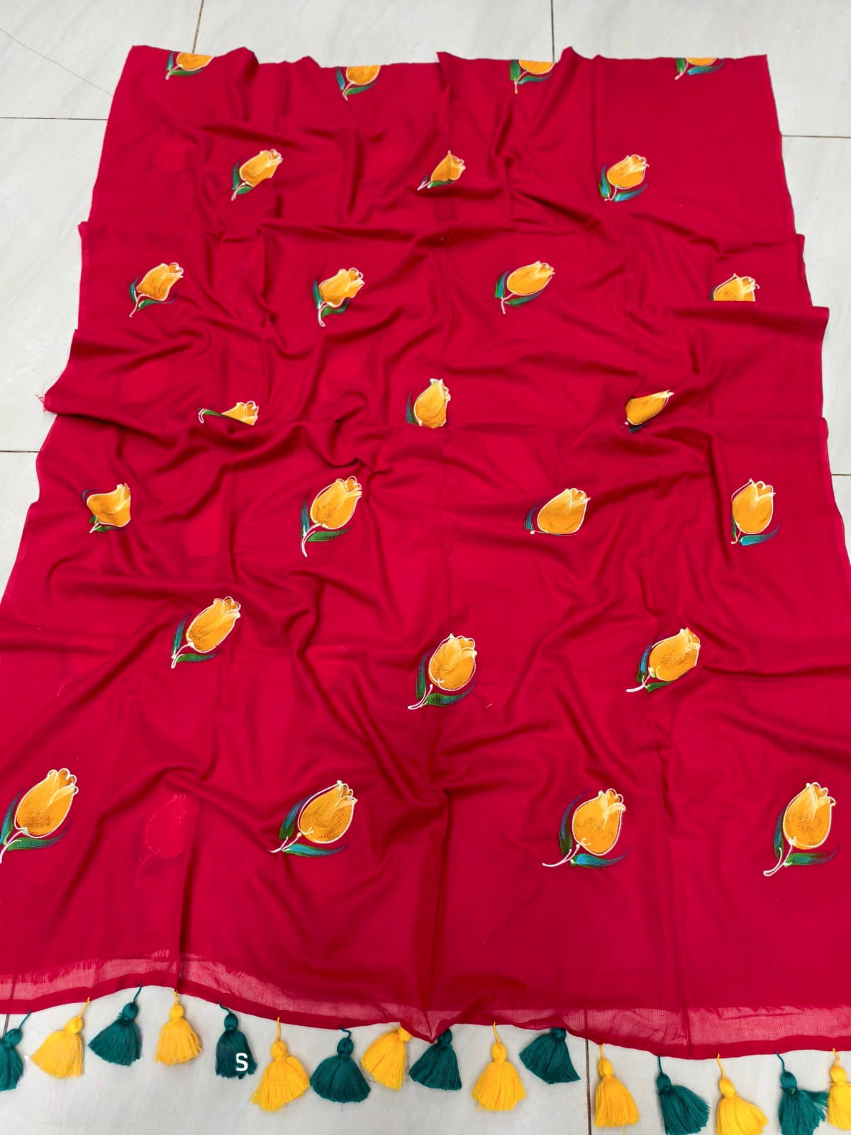 Mul cotton Tulip hand painted saree
