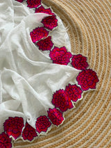 Ivory white and rose petals cutwork saree