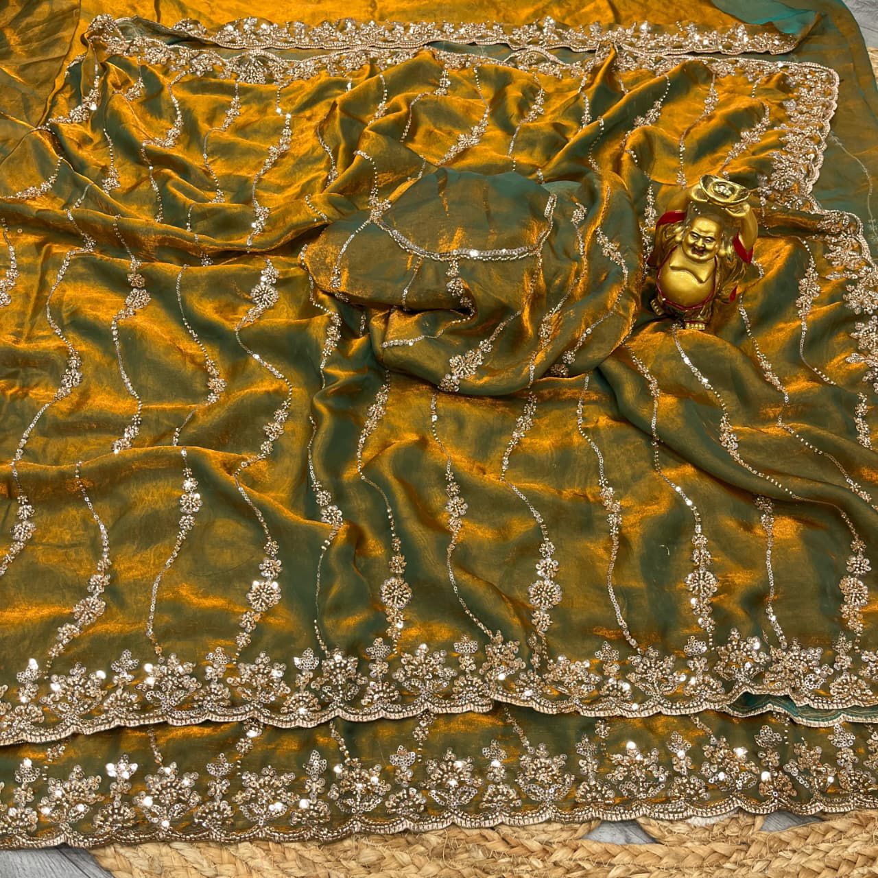 Space silk gold beads work saree