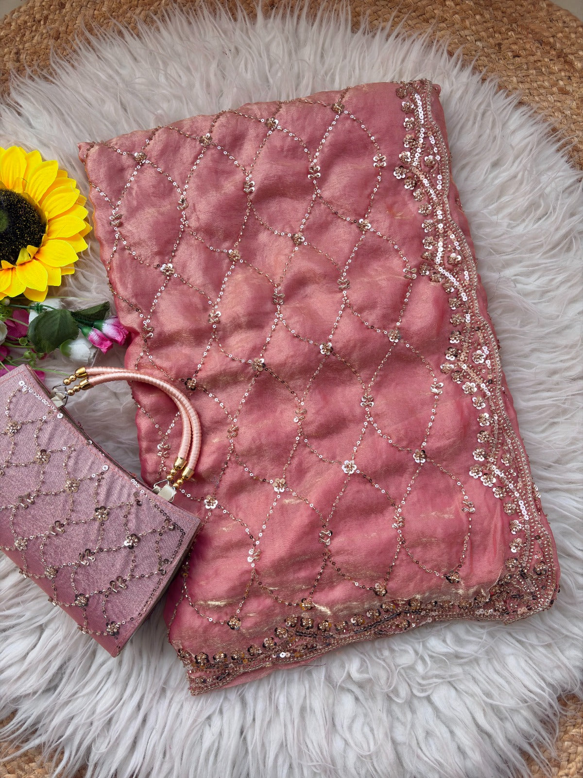 Space silk beads work saree with free desiner purse