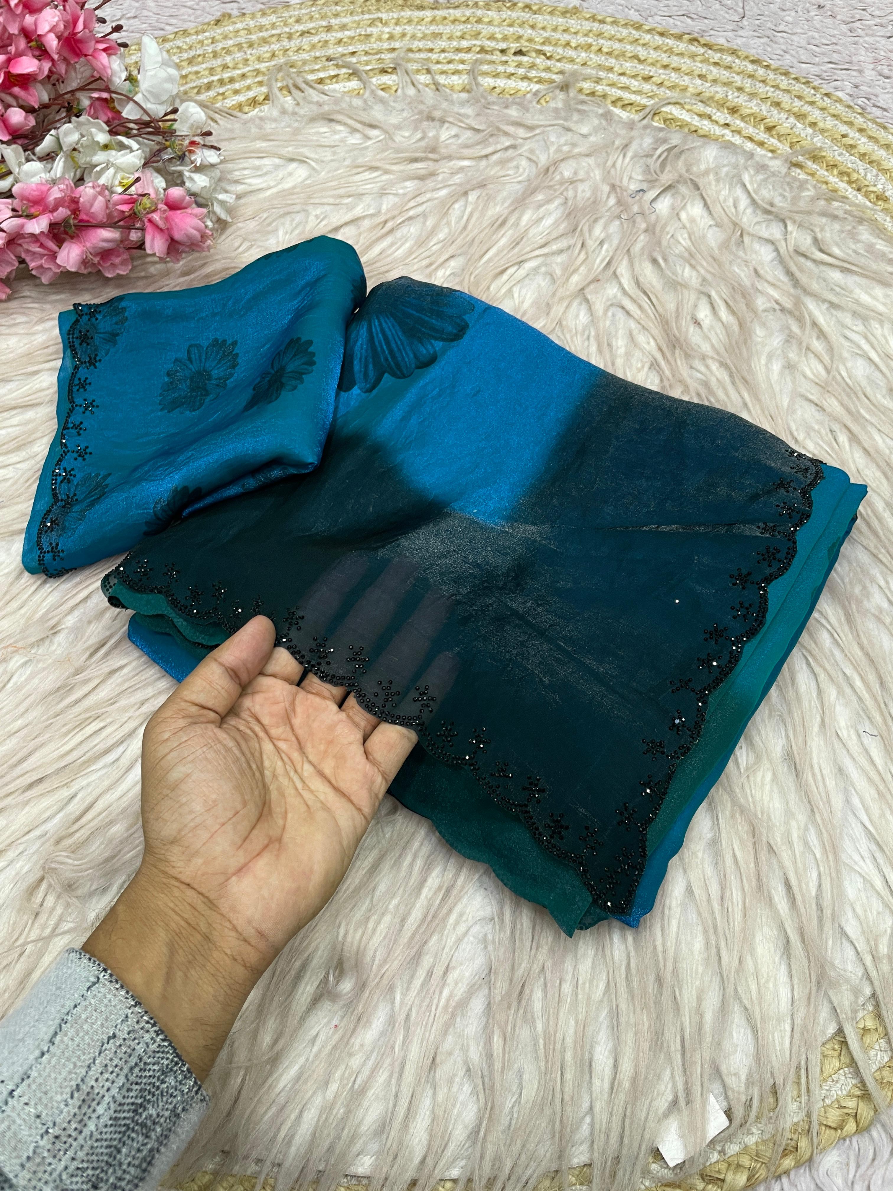 Space silk digital print with jarkhan work partywear saree