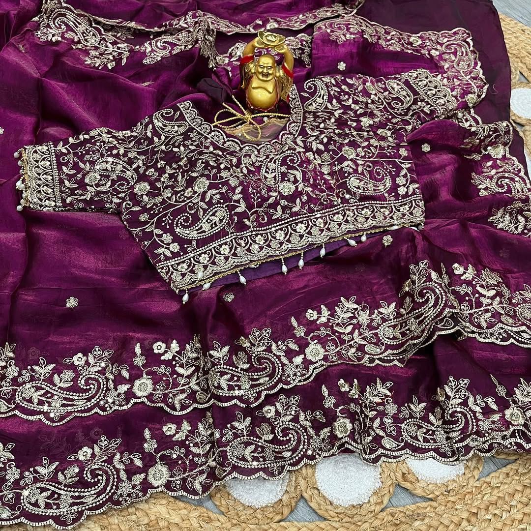 Space Silk Embroidery work saree with stitched blouse