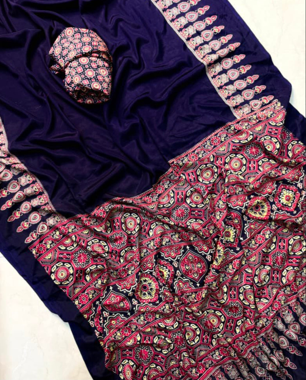 Ajrak Print crepe mix silk saree