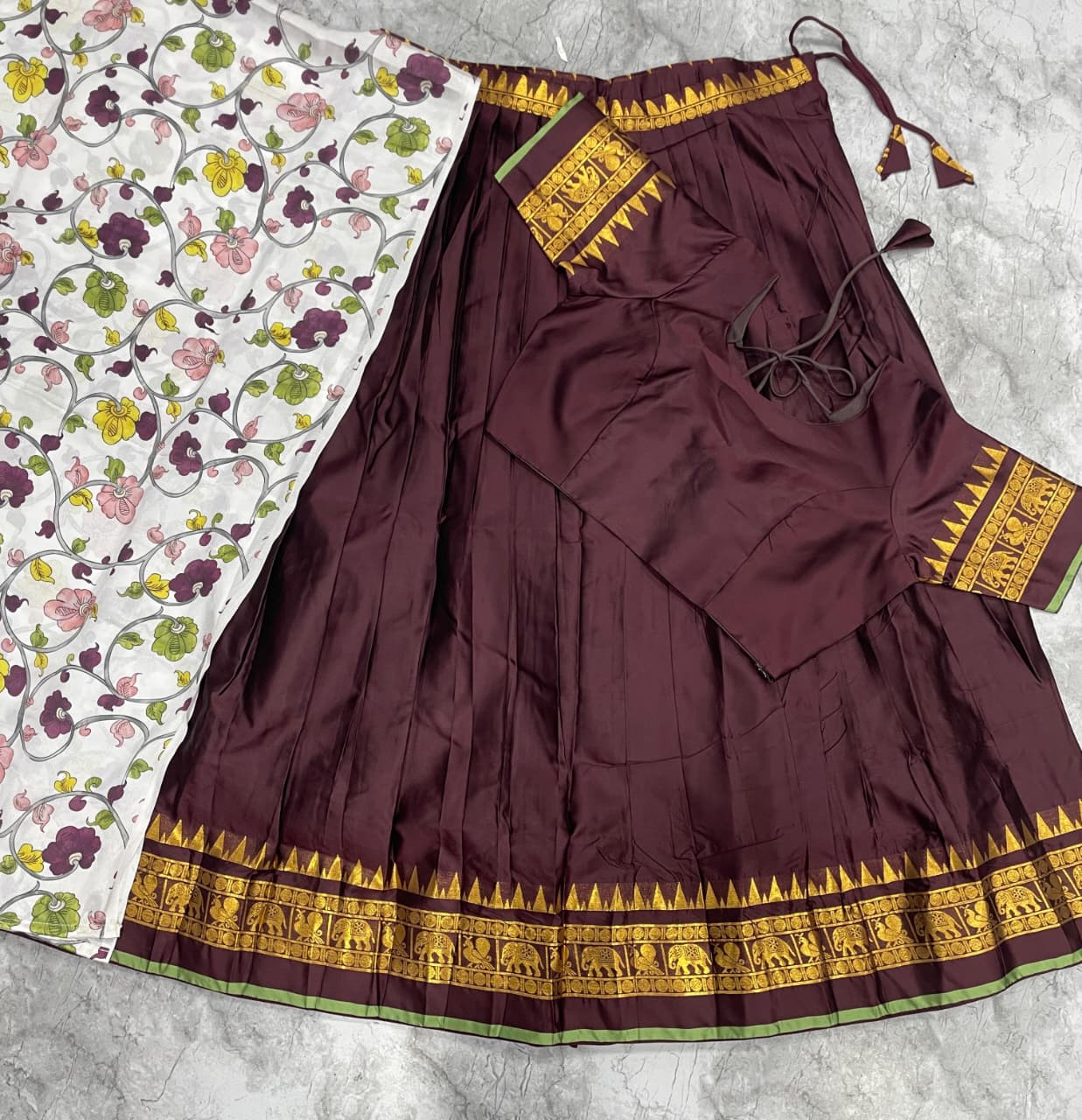 Chettinad pattu fully stitched kalamkari half saree