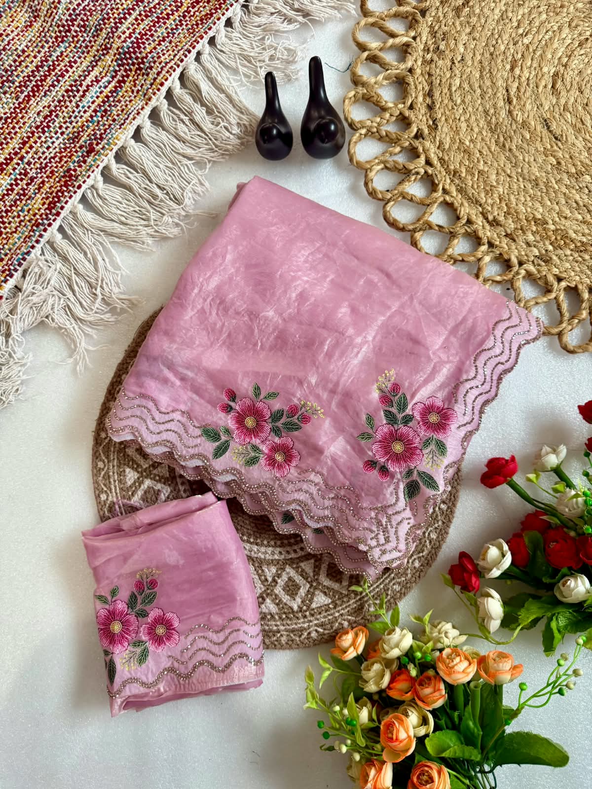 Space silk 3d print diamond stone work saree