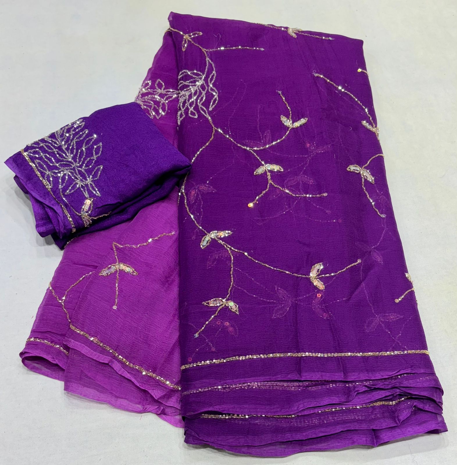 Chiffon pure jaal handwork saree
