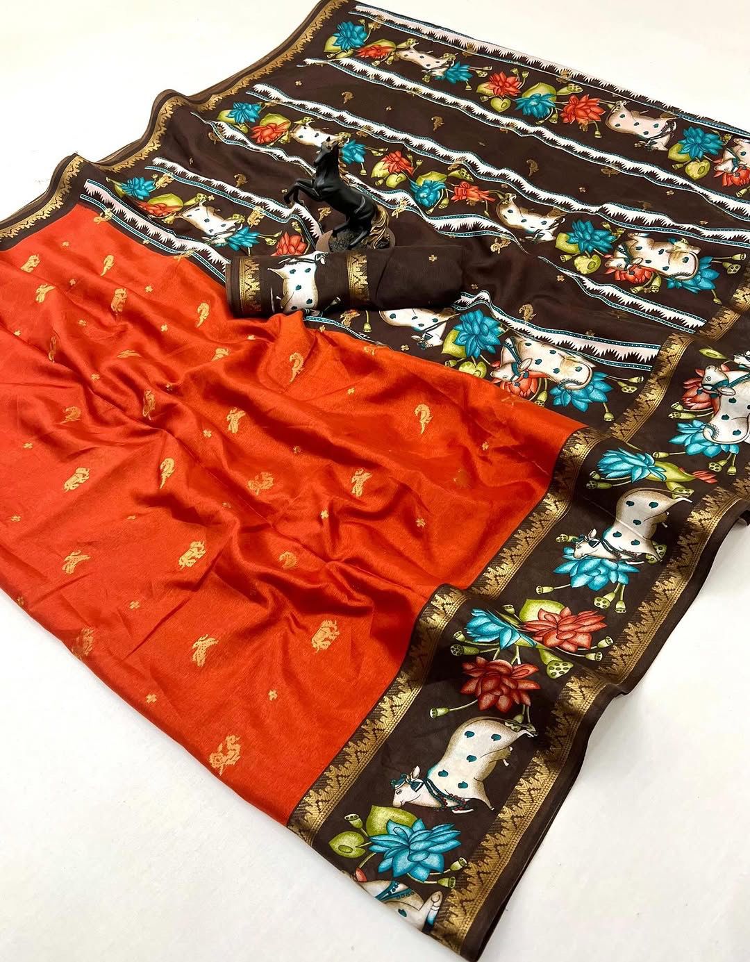 Rust Orange Mangalagiri Pichwai saree
