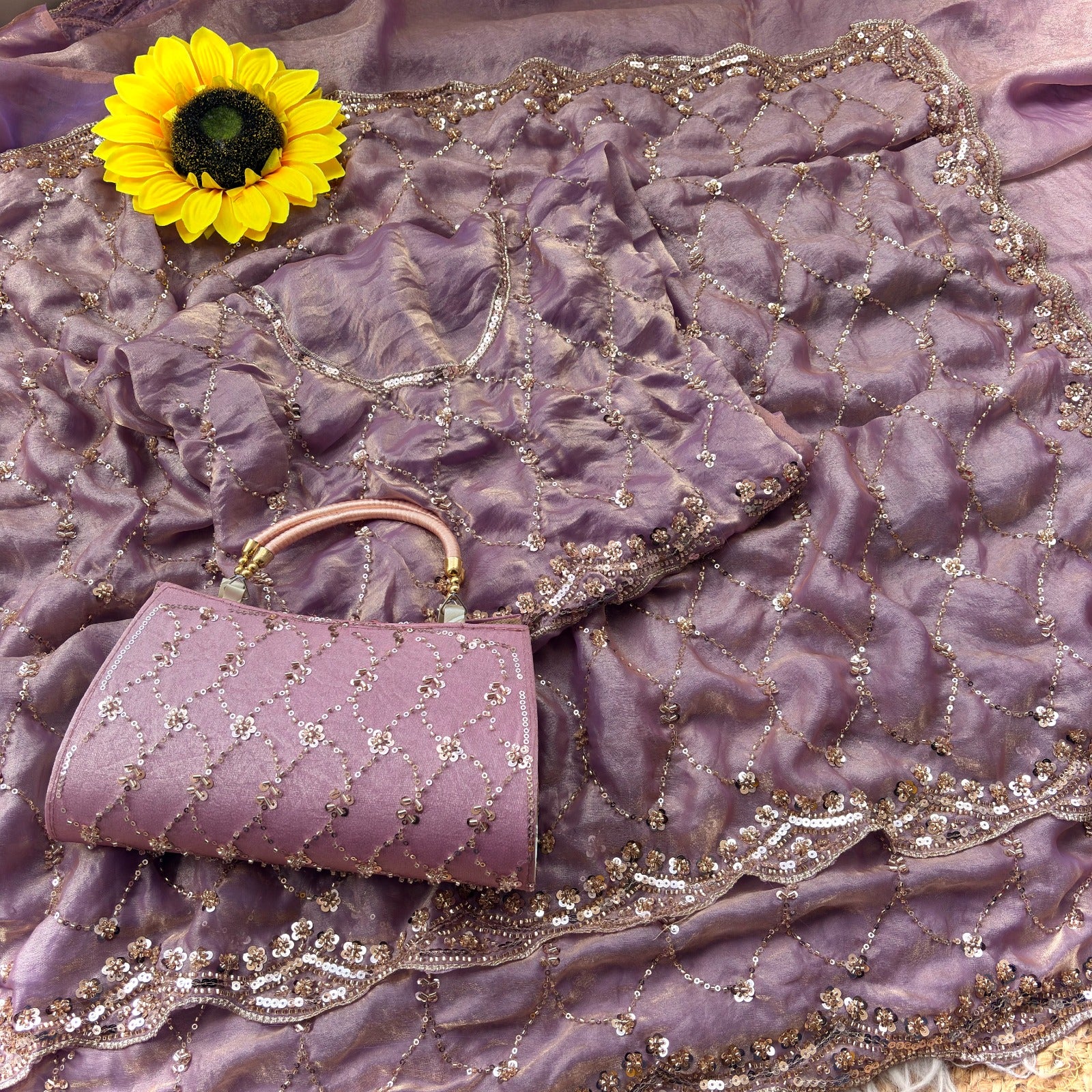Space silk beads work saree with free desiner purse