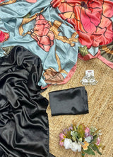 Stylish satin floral printed handwork saree