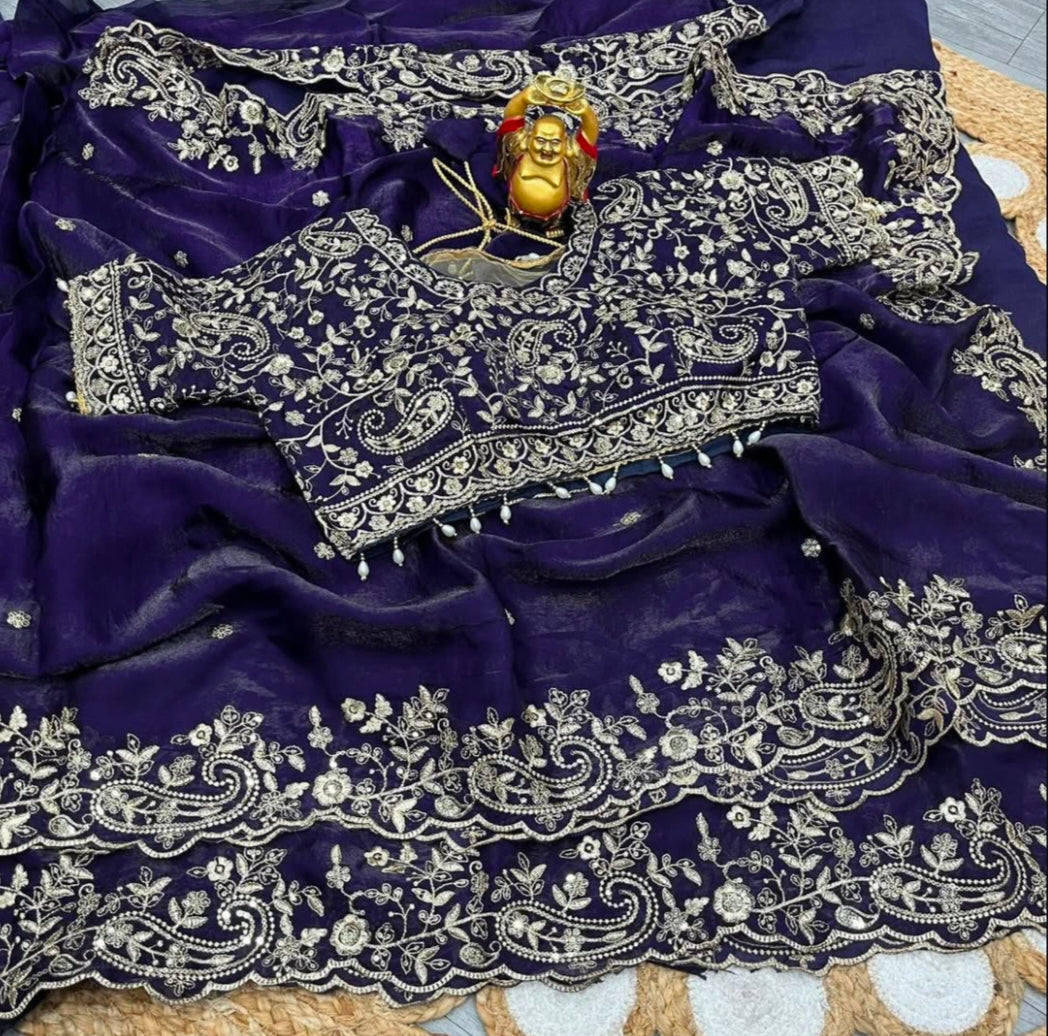 Space Silk Embroidery work saree with stitched blouse