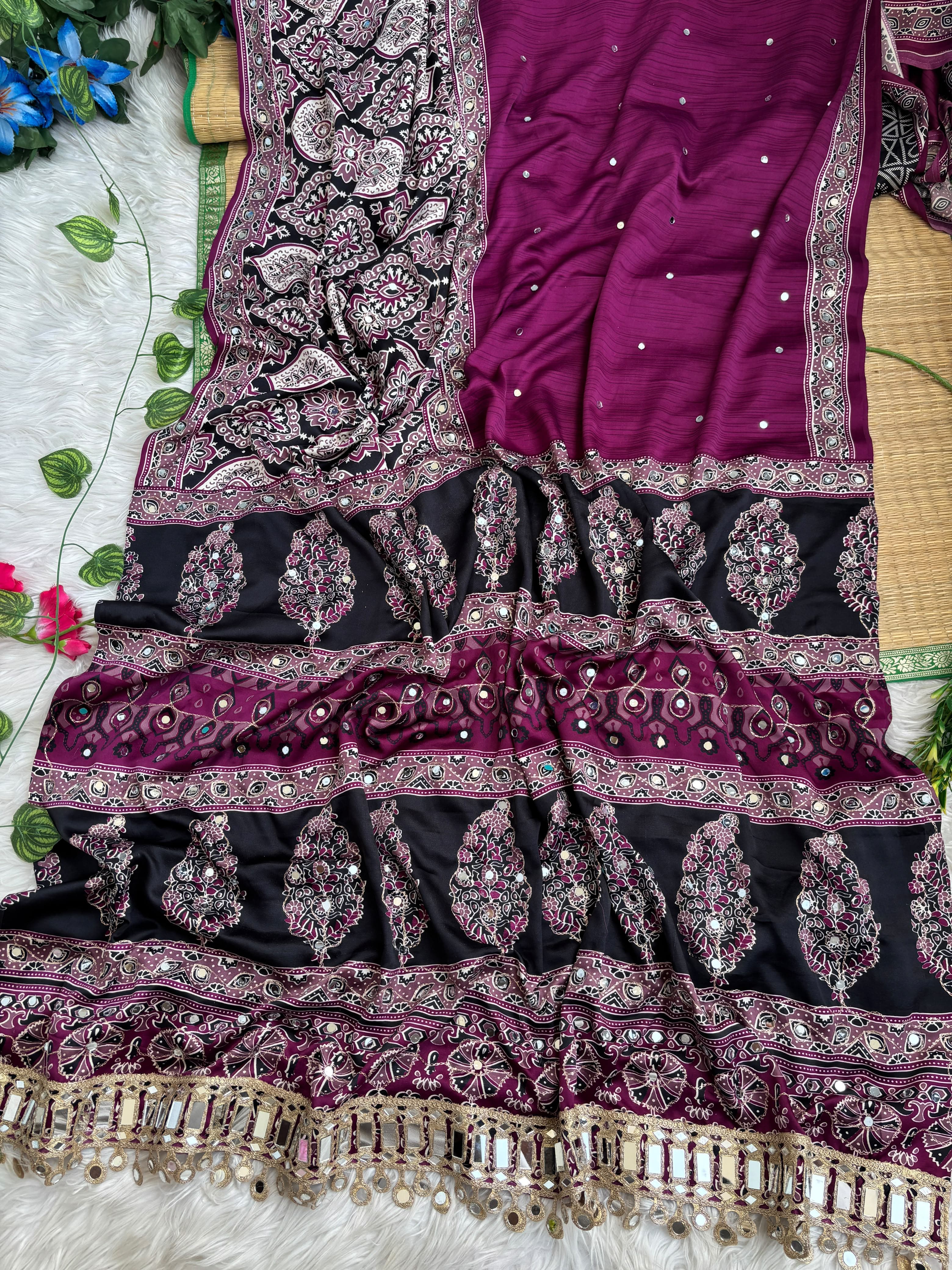 Ajrak mirror satin modal saree