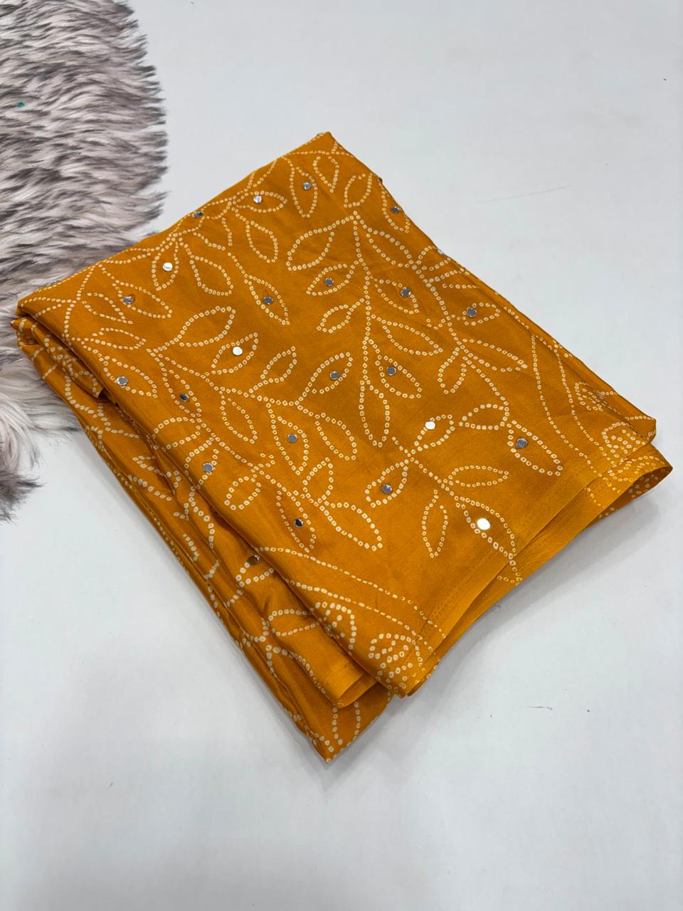 Ajrak design crepe silk mirror saree
